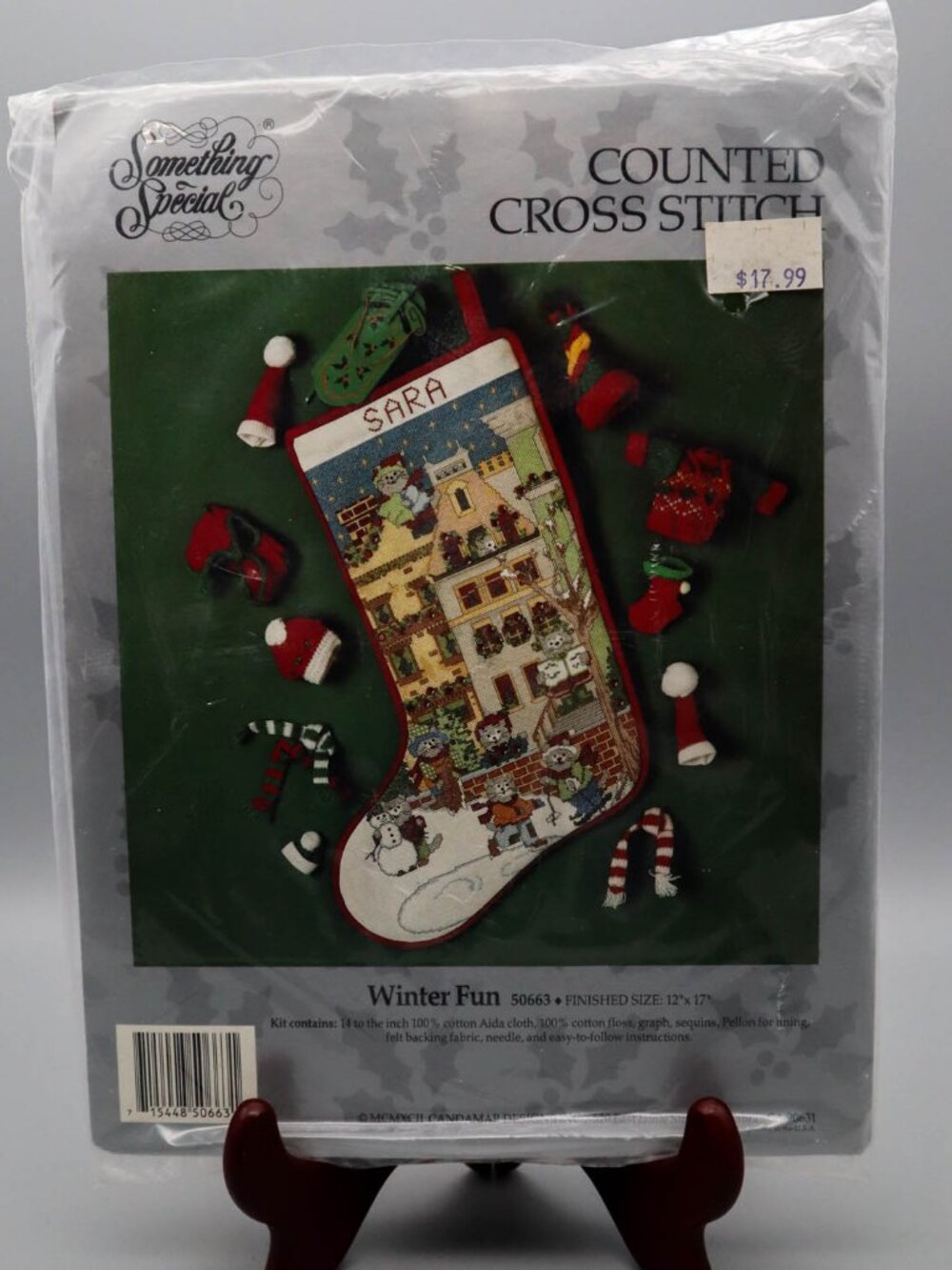 Vtg Candamar Cross Stitch Stocking Kit Winter Fun Christmas Cat Village 50663